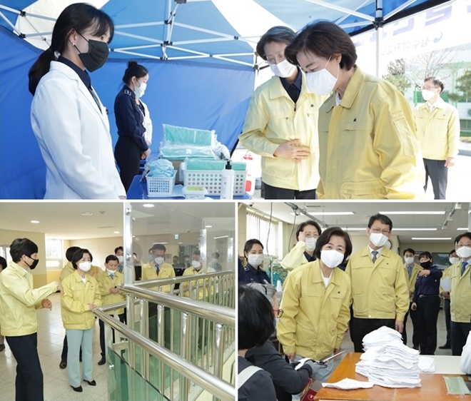 (사진위부터 시계방향) 추미애 법무부 장관이 23일 청주여자교도소에 가설치된 선별진료소를 방문해 코로나19 대응상황을 점검하고 있다./ 청주여자교도소 내 교도작업장을 방문해 정전기필터 면마스크 제작현장을 둘러보고 있다./추 장관이 청주소년원을 방문하여 시설환기 등 코로나19 대응상황을 점검하고 있다.(사진제공=법무부)