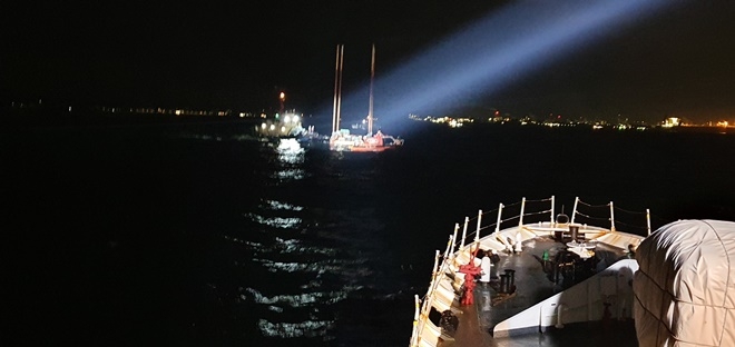 간절곶 북동방 5km해상에서 항해중이던 예인선침몰현장.(사진제공=울산해양경찰서)