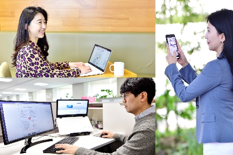 LG화학 임직원이 다양한 장소에서 디지털 기기를 활용해 협업하고 있다. 사진=LG화학