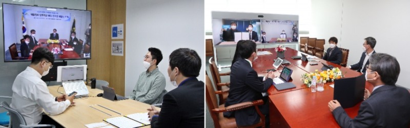 스테이션3 한유순 대표, LH 서창원 주거복지본부장을 비롯한 관계자들이 온라인 협약을 체결하고 있다.