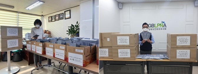 대구시간호조무사회(왼쪽)와 경북도간호조무사회에 각 2500장씩 전달된 마스크.(사진제공=대한간호조무사협회)