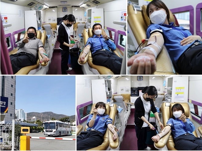 남해해경청 직원들이 자발적으로 헌혈에 동참하고 있다.(사진제공=남해지방해양경찰청)