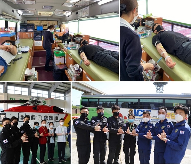 남해해경청 부산항공대 소속 경찰관들이 헌혈에 동참하고 '덕분에 챌린지'캠페인에도 참여하고 있다.(사진제공=남해해경청)