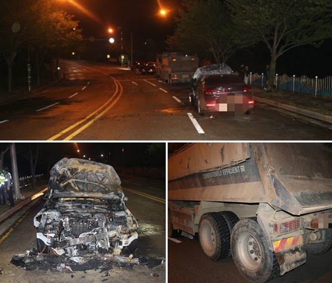 25일 오후 11시 55분경 남구 용당동 신선대유원지 입구 사고현장.(사진제공=부산경찰청)