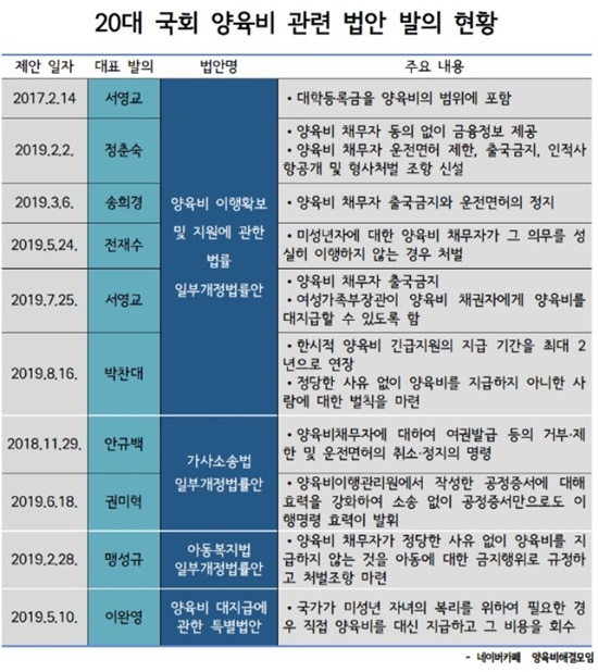 20대국회 양육비관련 법안 발의 현황. (제공=양육비해결모임)