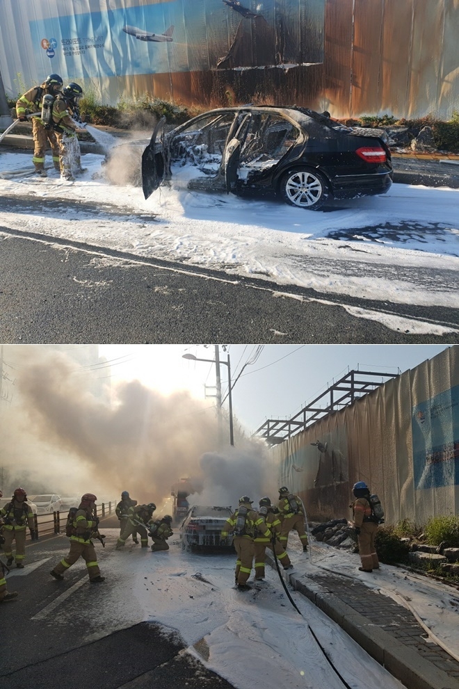 달리던 벤츠차량 화재현장.(사진제공=부산경찰청)