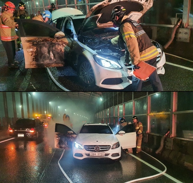 1일 새벽 부산 동서로 주례방음터널 내 벤츠차량 화재. (사진제공=부산경찰청)