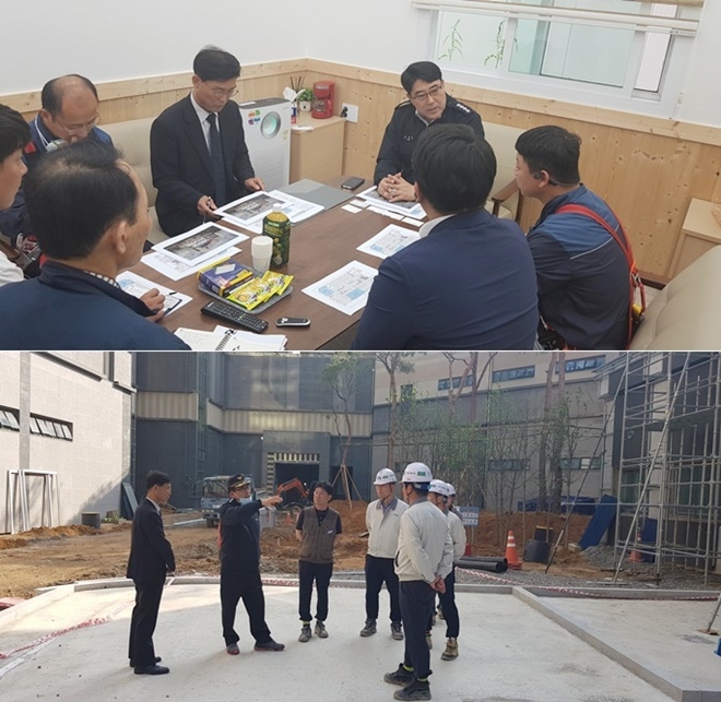 김홍찬 진주소방서장이 관내 대형공사장 현장 점검에 나서고 있다.(사진제공=진주소방서)