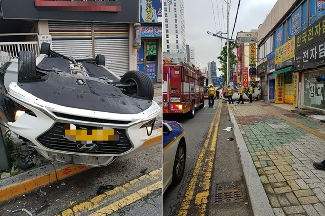 10일 오전 부산 연제 모터스 정비공장 앞 택시사고현장.(사진제공=부산경찰청)