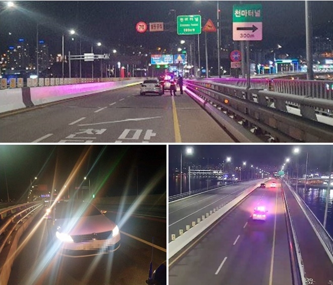 음주 도주차량을 추적해 검거하고 있다.(사진제공=부산경찰청)