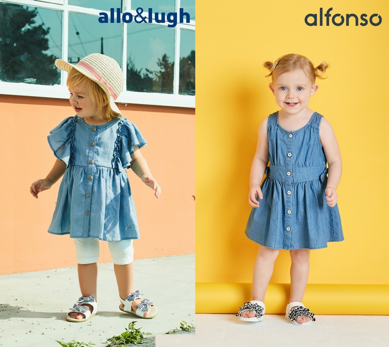 (좌) 알로앤루 ’어깨 쪼로록 셔링 블라우스’, (우) 알퐁소 ‘리본 민소매 데님 원피스'