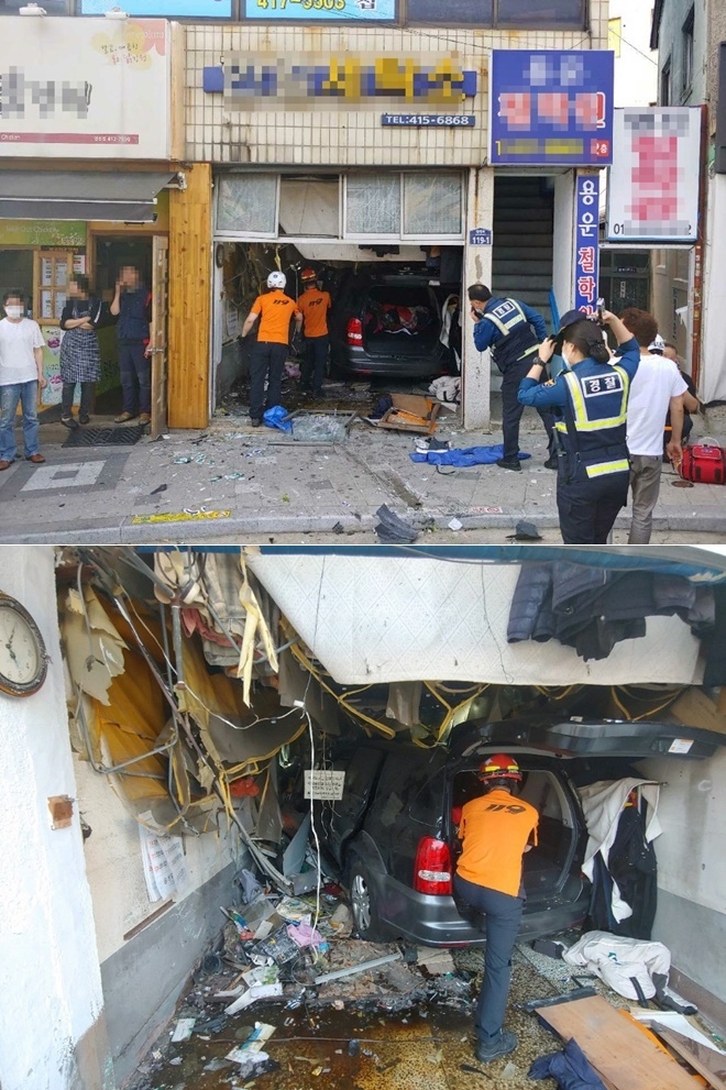 27일 오후 영도구 영선 윗회전 교차로서 RV차량이 세탁소로 돌진사고.(사진제공=부산경찰청)