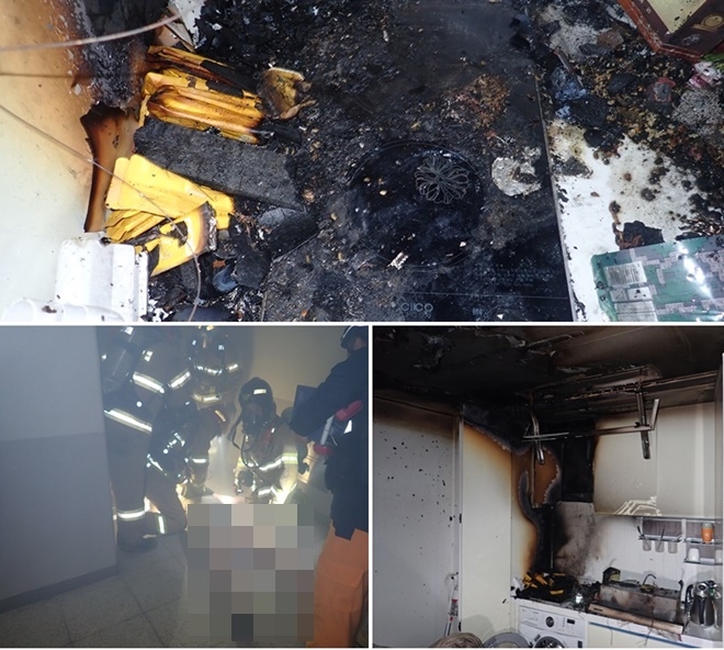 해운대구 우동 한 오피스텔 주방 전기레인지 과열 추정 화재현장.(사진제공=부산소방재난본부)