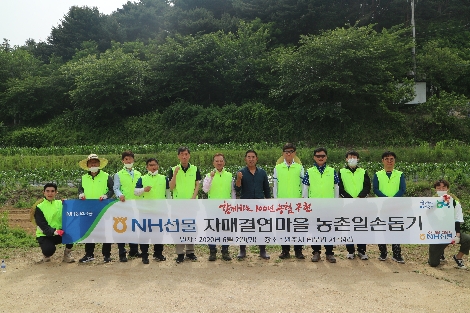 NH선물은 2일 강원도 원주시 판무면 서곡4리를 방문해 농촌일손돕기를 진행했다. 이창호 NH선물 대표이사(왼쪽 여섯번째)와 김정윤 서곡4리 이장(왼쪽 일곱번째)이 임직원들과 기념촬영을 하고 있다. 사진=NH선물