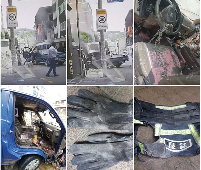 핸들과 다리를 쇠사슬로 묶어 극단적 선택을 하려한 운전자를 구한 경찰관.(사진제공=부산경찰청)