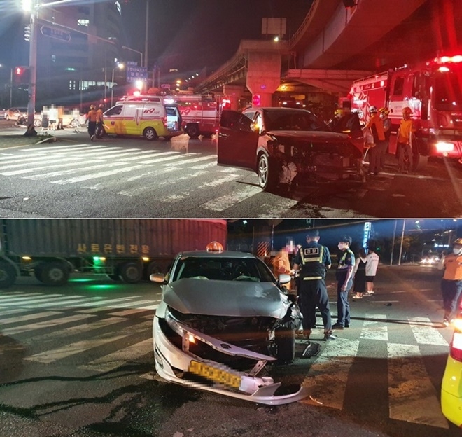 6월 4일 부산 동구 5부두교차로에서 스포티지 차량이 택시를 충격하는 교통사고.(사진제공=부산경찰청)