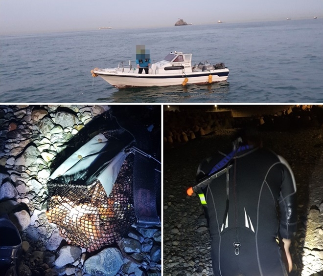 야간안전방비 미착용 스쿠버를 적발하고 기관고장 선박을 구조.(사진제공=부산해양경찰서)