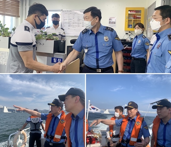 19일 구자영 남해해경청장이 광안리파출소를 찾아 직원들을 격려하고 연안구조정을 타고 현장을 점검하고 있다.(사진제공=남해지방해양경찰청)