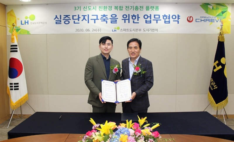 한병홍 LH 스마트도시본부장(오른쪽) 및 정민교 ㈜대영채비 대표가 협약을 마치고 기념촬영을 하고 있다.(사진=LH)