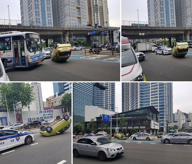 마티즈차량 전복사고 현장.(사진제공=부산경찰청)