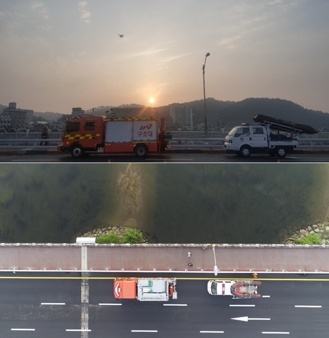 소방드론으로 수색활동을 펼치고 있다.(사진제공=진주소방서)