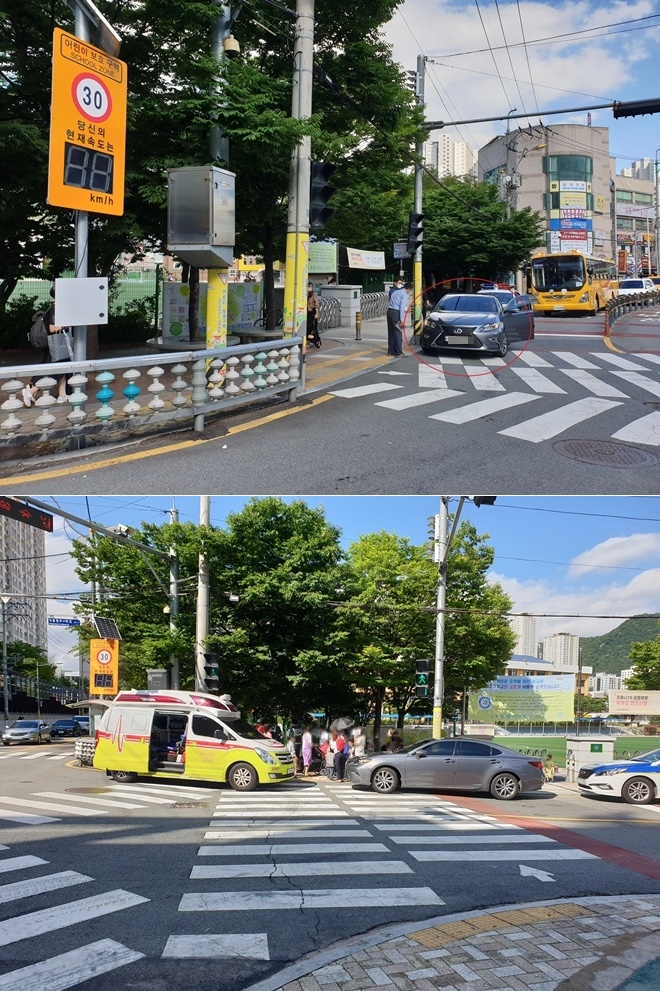 30일 오후 금정초등학교 앞 횡단보도서 교통사고.(사진제공=부산경찰청)