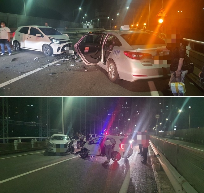 7월 2일 오전 2시 20분경 부산 남구 문현고가 위 모닝차량이 역주행 해 마주오던 택시와 정면충돌.(사진제공=부산경찰청)