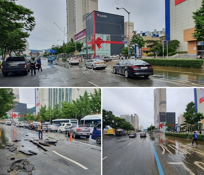 부산진구 가야 한 대형마트 앞 일대 상수도 파손 침수현장.(사진제공=부산경찰청)