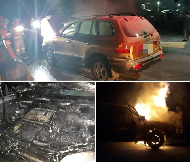 부산 북구 모라동 한 아파트 노상에 주차된 싼타페 차량서 원인불상 화재.(사진제공=부산경찰청)