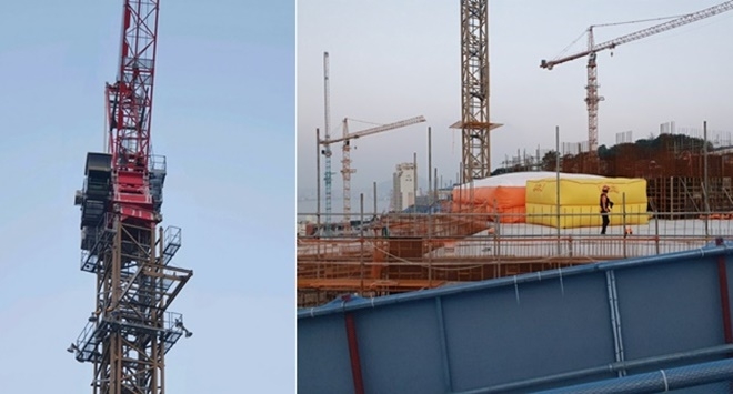 8일 부산 남구 우암2구역 재개발아파트공사장 타워크레인 고공 농성을 벌이고 있다.(사진제공=부산경찰청)