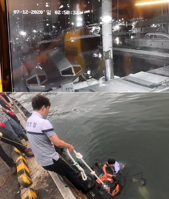 12일 오전 4시 20분경 수영만 요트경기장에서 음주상태로 레저보트 운항한 A씨를 적발하고 이어 오전 오전 6시 45분경 남항 인근 금양제빙 앞 해상에서 익수자를 구조하고 있다.(사진제공=부산해양경찰서)