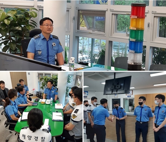 박재화 서장이 파출소 업무태세를 점검하고 직원들과 소통의 시간을 갖고 있다.(사진제공=울산해양경찰서)