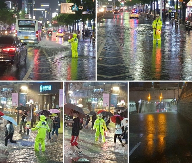 부전동 삼정타워앞 침수로 늦은시간 고생하는 교통 경찰관/해운대중동 지하차도. (사진제공=부산경찰청)