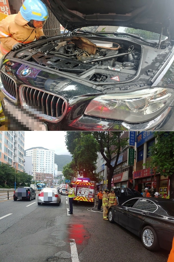 BMW차량 엔진부분 일부 화재.(사진제공=부산경찰청)