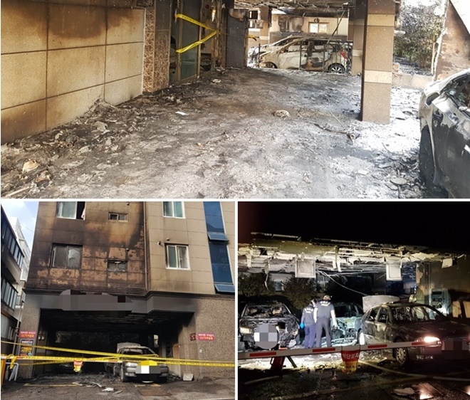 8월 1일 부산진구 성지로 한 빌라 주차장에서 승용차의 화재로 주변에 있던 차량 3대로 옮겨붙어 전소되고 입주민 2명이 연기흡입으로 병원이송.(사진제공=부산경찰청)