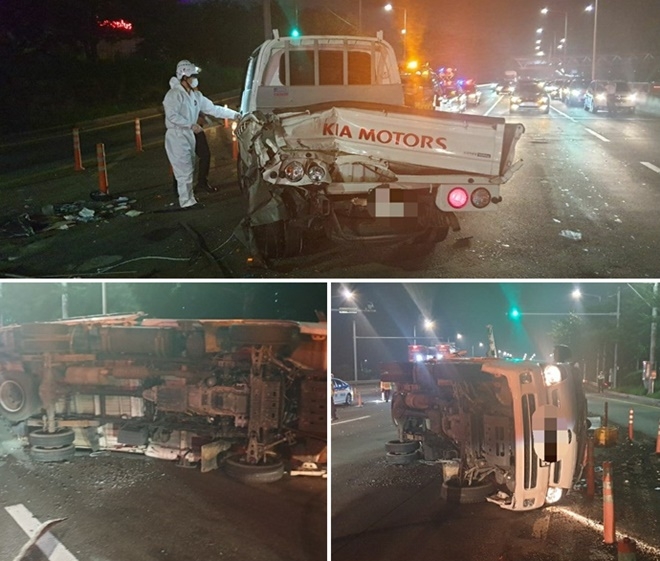 3일 오후 10시 30분경 부산 사상 르네시떼 진입 신호등 앞 노상에서 5톤화물차량이 신호대기중이던 1톤포터차량 후미를 추돌하고 좌전도.(사진제공=부산경찰청)