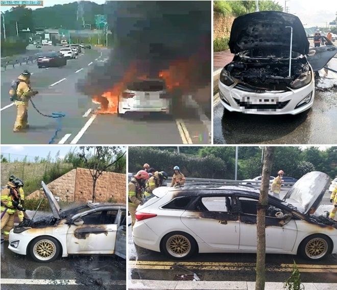 5일 오전 울산 남구 신두왕사거리인근 차량화재.(사진제공=울산소방본부)