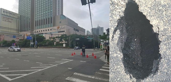 7일 오전 부산진구 가야대로 편도 2차로 씽크홀.(사진제공=부산경찰청)
