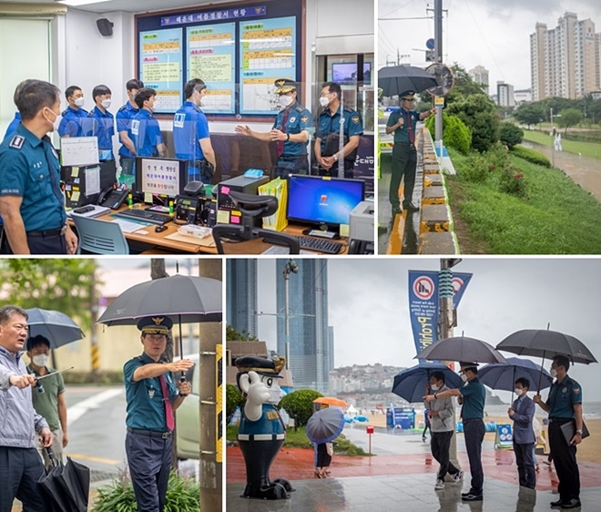 신임 진정무 부산경찰청장이 첫 공식업무로 호우경보 비상근무현장을 찾아 근무자들을 격려하고 있다. (사진제공=부산경찰청)