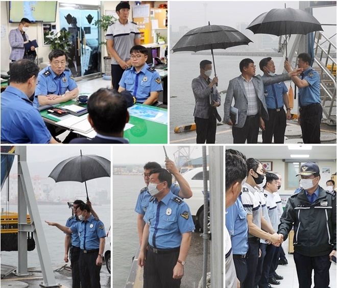 구자영 남해해경청장이 10일 태풍대비 태세를 점검하고 직원들을 격려하고 있다. (사진제공=남해지방해양경찰청)