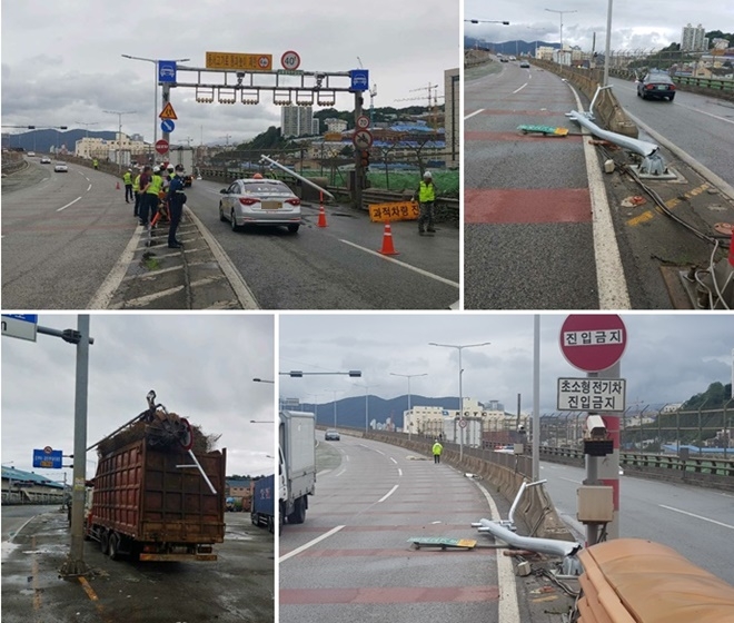 10일 오후 동서로 시작점 교통사고로 인한 시설물 파손.(사진제공=부산경찰청)