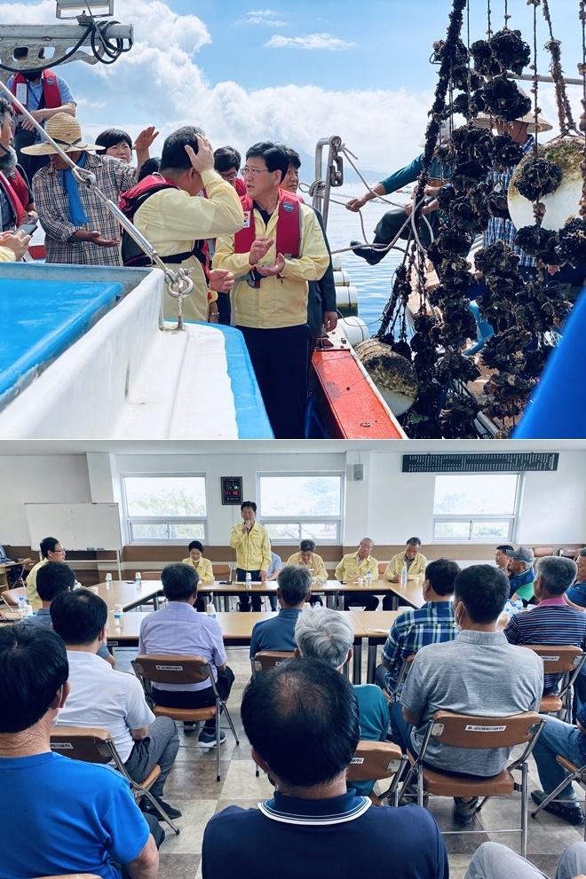 13일 김정호 경남도당위원장 등이 고성·통영·거제 피해현장을 둘러보고 주민들과 간담회를 갖고 있다.(사진제공=더불어민주당경남도당)