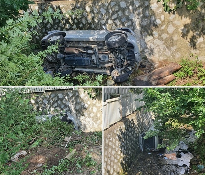 17일 오전 기장 병산마을회관 부근 하천 추락 전도사고. (사진제공=부산경찰청)