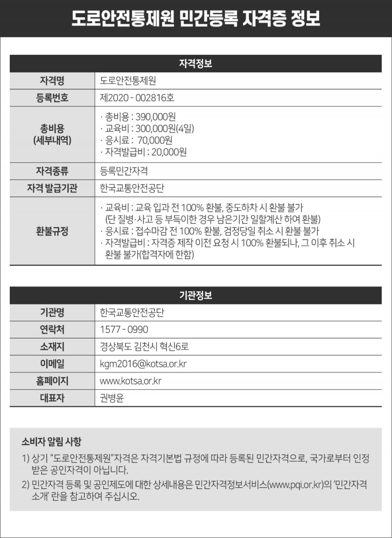 도로안전통제원 민간등록 자격증 정보.(사진=한국교통안전공단)