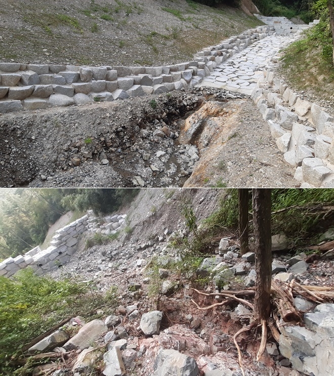 북구 호계동 홈골 사방사업/축대와 사방댐을 축조한 바로 위쪽 계곡의 모습/ 북구 호계동 홈골. 지금이라도 집중호우가 내린다면 바로 흘러내릴 정도로 위태로운 상태다.(사진제공=울산환경운동연합)