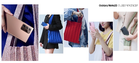 '갤럭시 노트20'의 7가지 컬러와 '조셉앤스테이시'의 플리츠 니트백을 매칭한 이미지. 사진=삼성전자