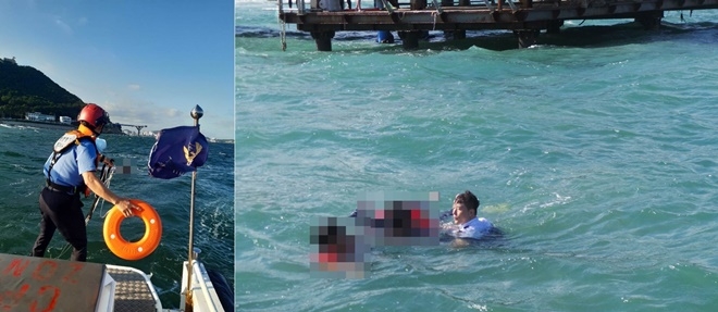 표류 서핑객들을 구조하고 있다. (사진제공=부산해양경찰서)