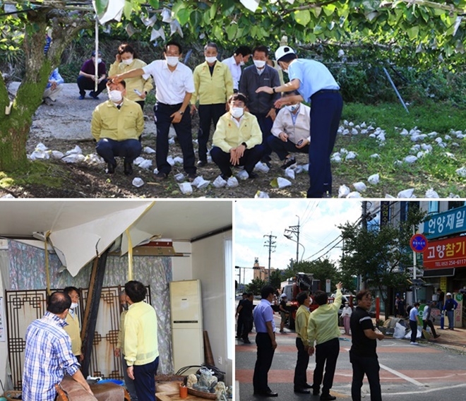 서범수의원이 울주군 관내 태풍 마이삭 피해현장을 찾아 신속한 복구지원을 약속하고 있다.(사진제공=서범수의원실)