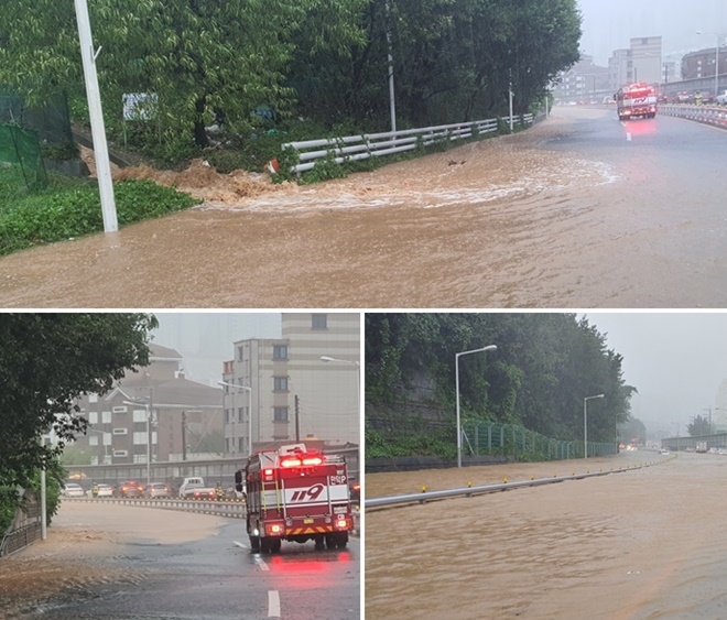 북구 광덕물산앞 토사유출.(사진제공=부산경찰청)