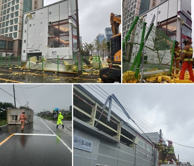 9.7. 07:39 남구 삼산동 건물벽면 구조물 낙하 안전조치/ 9.7. 09:24 울주군 두동면 컨테이너 도로변 나와있는 상태/9.7. 09:30 북구 진장동 패널 전선걸림 안전조치.(사진제공=울산소방본부)